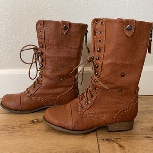 Tall brown combat boots with zipper, size 7